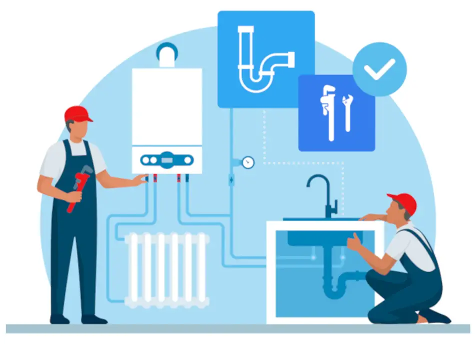 Plombier travaillant sur une chaudière et un lavabo